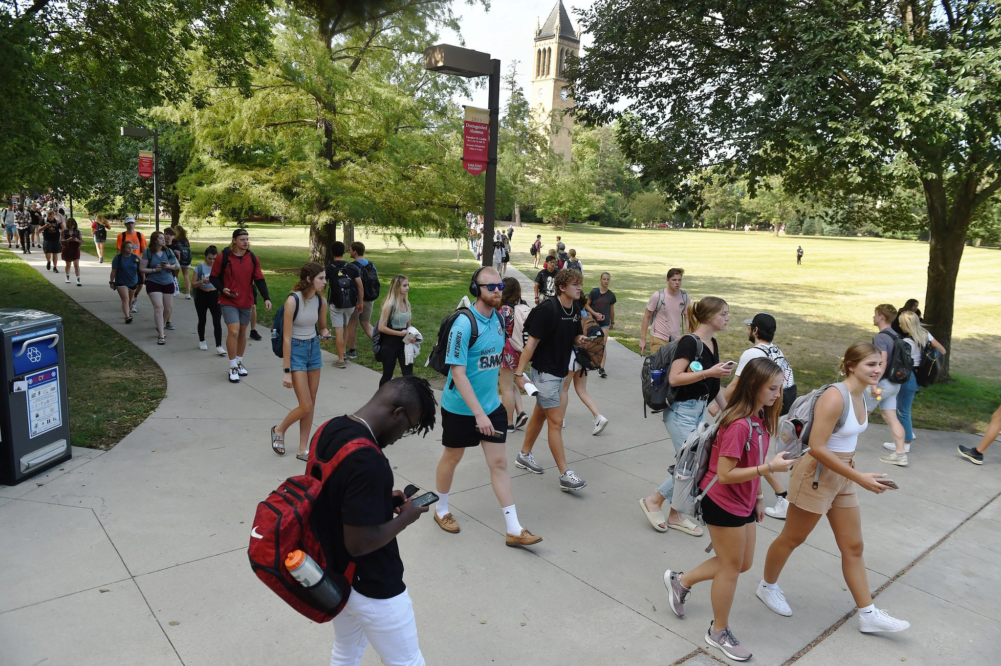 Iowa State students head to class on the first day of the fall semester at the university's central campus Aug. 23, 2021 in Ames.