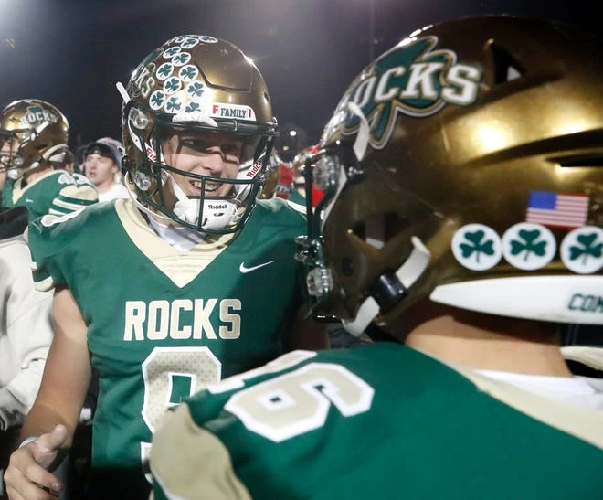 Caleb King (9) of Westfield High School celebrates after his team won a Sectional Championship match on Friday November 5, 2021 at Westfield High School. The Westfield Shamrocks beat the Southeast Hamilton Royals 24-22.