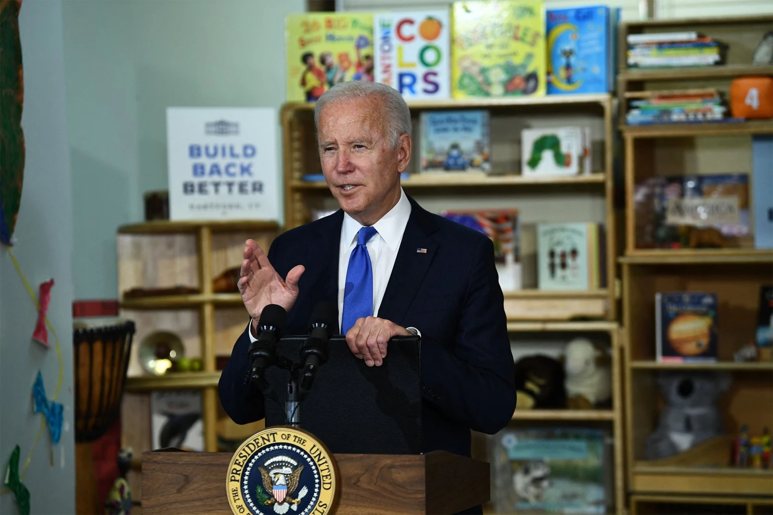 Biden speaks about child care at the Capitol Child Development Center in Hartford, Connecticut on October 15, 2021.