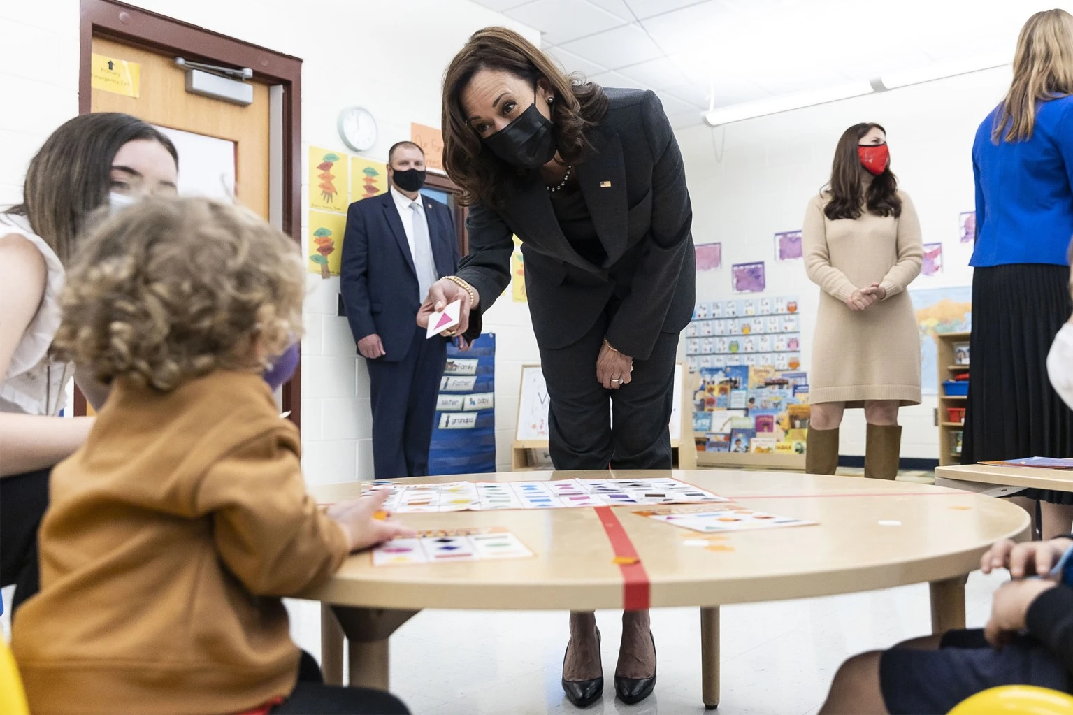 Vice President Kamala Harris promotes the Biden administration's child care proposal in a classroom in Little Falls, New Jersey.